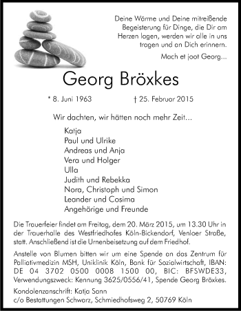 Anzeige von Georg Bröxkes von Kölner Stadt-Anzeiger / Kölnische Rundschau / Express