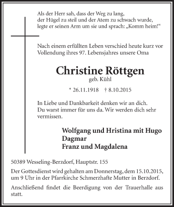Anzeige von Christine Röttgen von  Schlossbote/Werbekurier 