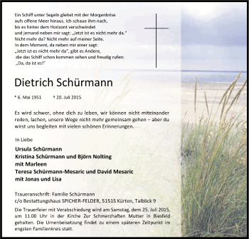 Anzeige von Dietrich Schürmann von Kölner Stadt-Anzeiger / Kölnische Rundschau / Express