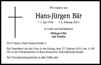 Anzeige von Hans Jürgen Bär von Kölner Stadt-Anzeiger / Kölnische Rundschau / Express