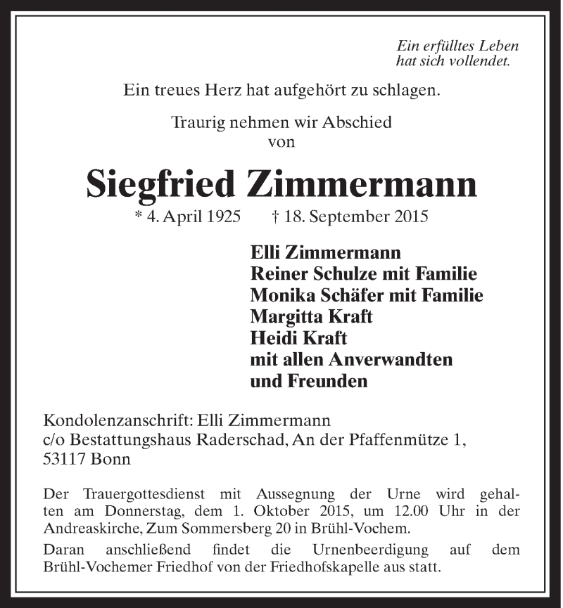  Traueranzeige für Siegfried Zimmermann vom 30.09.2015 aus  Schlossbote/Werbekurier 