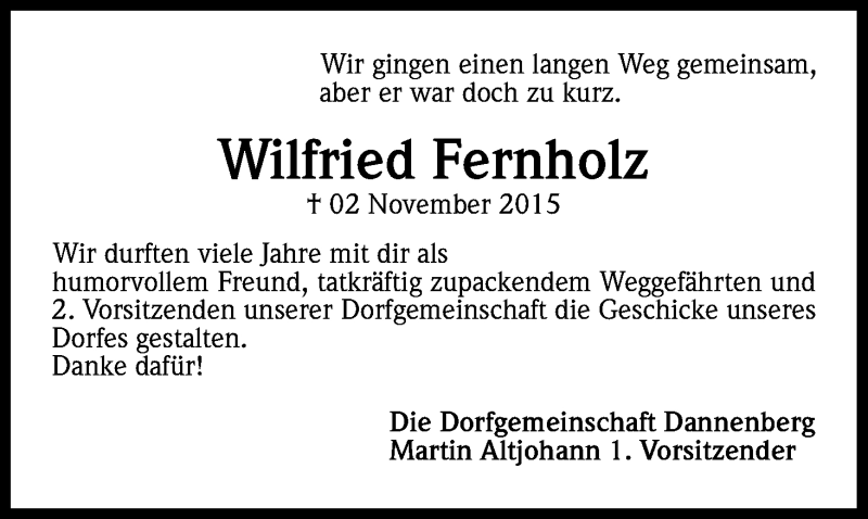  Traueranzeige für Wilfried Fernholz vom 09.11.2015 aus Kölner Stadt-Anzeiger / Kölnische Rundschau / Express