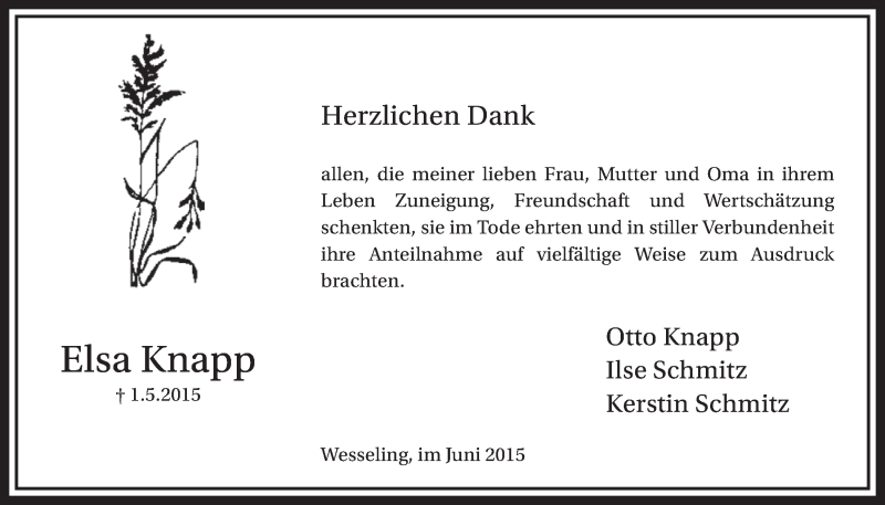  Traueranzeige für Elsa Knapp vom 03.06.2015 aus  Schlossbote/Werbekurier 