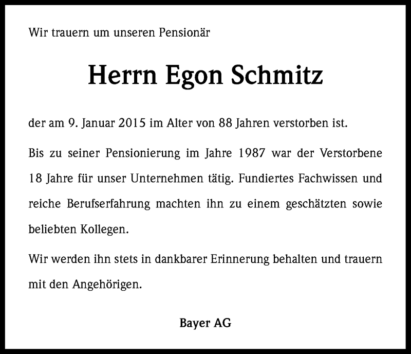  Traueranzeige für Egon Schmitz vom 19.01.2015 aus Kölner Stadt-Anzeiger / Kölnische Rundschau / Express