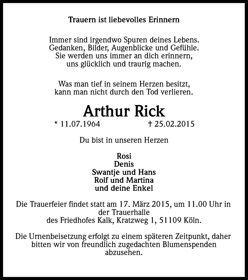  Traueranzeige für Arthur Rick vom 11.03.2015 aus Kölner Stadt-Anzeiger / Kölnische Rundschau / Express