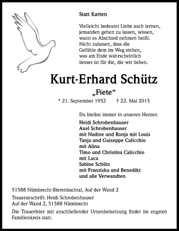 Anzeige von Kurt-Erhard Schütz von Kölner Stadt-Anzeiger / Kölnische Rundschau / Express