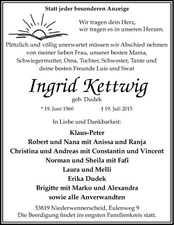Anzeige von Ingrid Kettwig von Kölner Stadt-Anzeiger / Kölnische Rundschau / Express