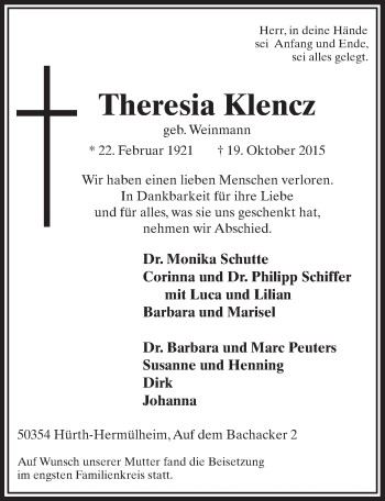 Anzeige von Theresia Klencz von  Wochenende 