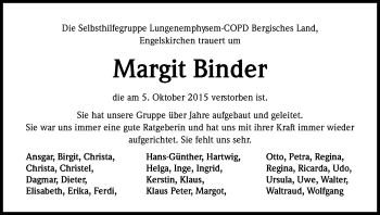 Anzeige von Margit Binder von Kölner Stadt-Anzeiger / Kölnische Rundschau / Express