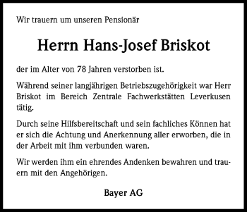 Anzeige von Hans-Josef Briskot von Kölner Stadt-Anzeiger / Kölnische Rundschau / Express