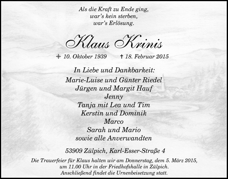  Traueranzeige für Klaus Krinis vom 01.03.2015 aus  Blickpunkt Euskirchen 