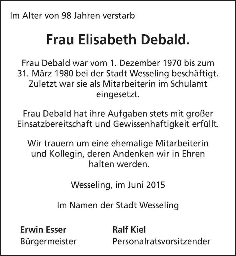  Traueranzeige für Elisabeth Debald vom 01.07.2015 aus  Schlossbote/Werbekurier 