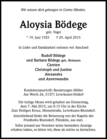 Anzeige von Aloysia Bödege von Kölner Stadt-Anzeiger / Kölnische Rundschau / Express