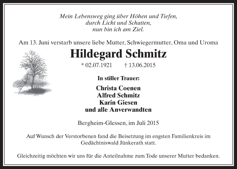  Traueranzeige für Hildegard Schmitz vom 29.07.2015 aus  Werbepost 