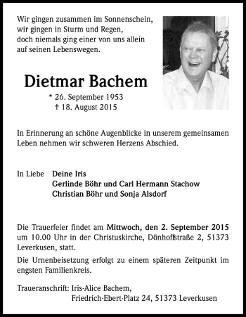 Anzeige von Dietmar Bachem von Köln - Wir Trauern