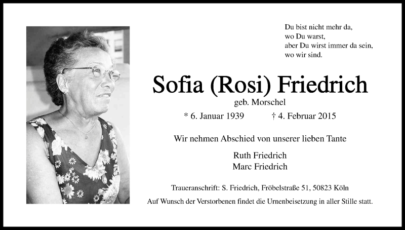  Traueranzeige für Sofia Friedrich vom 07.02.2015 aus Kölner Stadt-Anzeiger / Kölnische Rundschau / Express