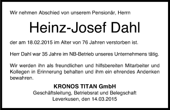 Anzeige von Heinz-Josef Dahl von Kölner Stadt-Anzeiger / Kölnische Rundschau / Express
