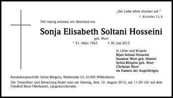 Anzeige von Sonja Elisabeth Soltani Hosseini von Kölner Stadt-Anzeiger / Kölnische Rundschau / Express