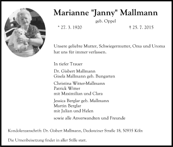 Anzeige von Marianne Janny Mallmann von Kölner Stadt-Anzeiger / Kölnische Rundschau / Express