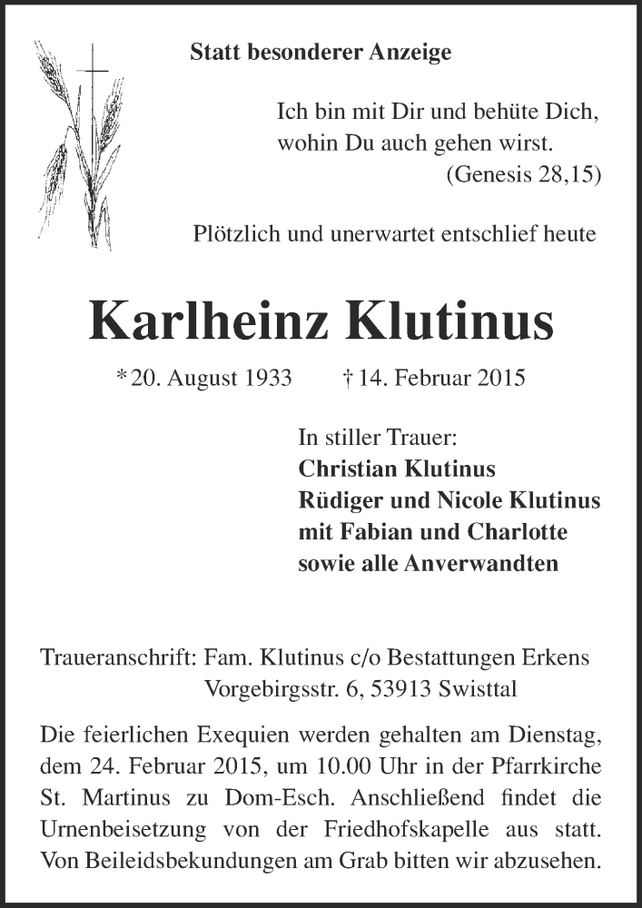  Traueranzeige für Karlheinz Klutinus vom 22.02.2015 aus  Blickpunkt Euskirchen 
