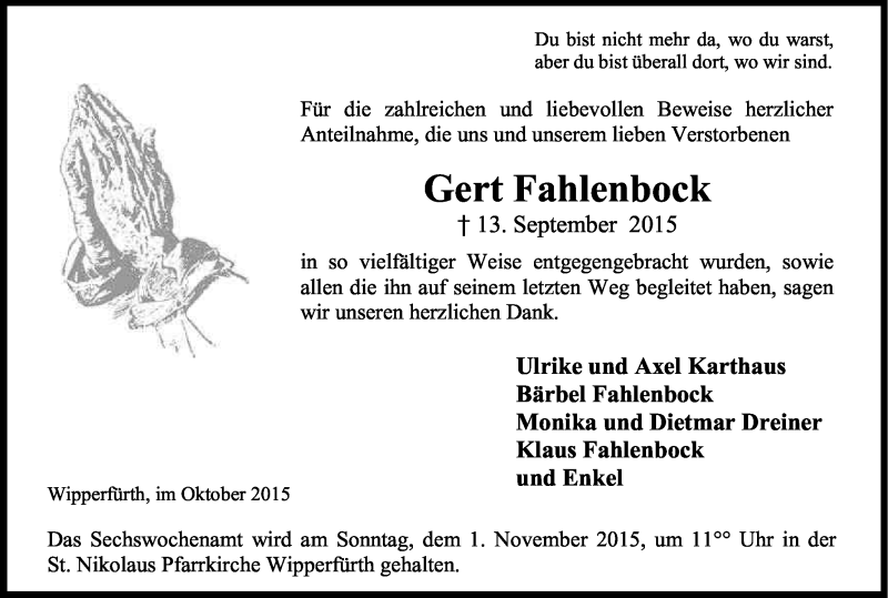  Traueranzeige für Gert Fahlenbock vom 17.10.2015 aus Kölner Stadt-Anzeiger / Kölnische Rundschau / Express
