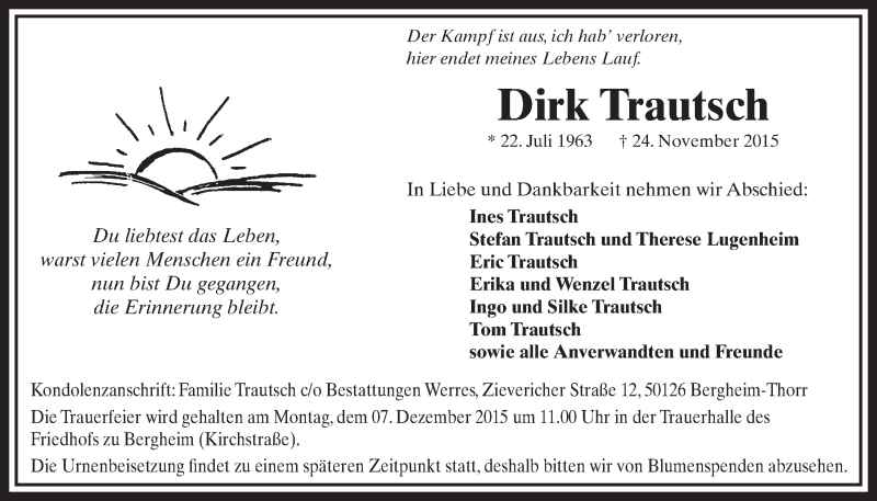  Traueranzeige für Dirk Trautsch vom 28.11.2015 aus  Sonntags-Post 