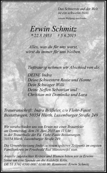 Anzeige von Erwin Schmitz von Kölner Stadt-Anzeiger / Kölnische Rundschau / Express