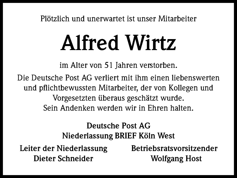 Traueranzeige für Alfred Wirtz vom 25.07.2015 aus Kölner Stadt-Anzeiger / Kölnische Rundschau / Express
