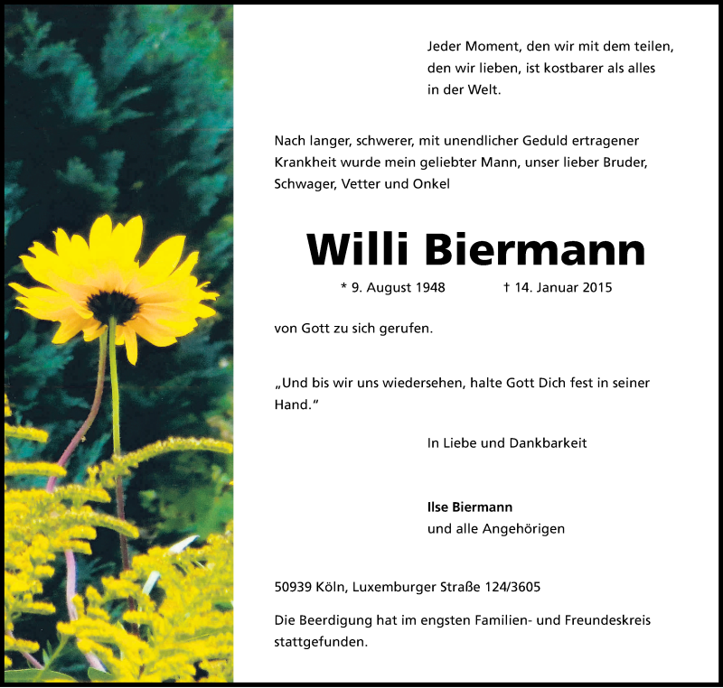  Traueranzeige für Willi Biermann vom 24.01.2015 aus Kölner Stadt-Anzeiger / Kölnische Rundschau / Express