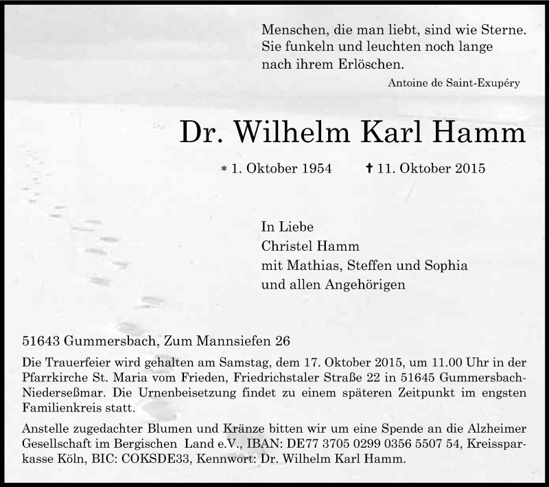  Traueranzeige für Wilhelm Karl  Hamm vom 14.10.2015 aus Kölner Stadt-Anzeiger / Kölnische Rundschau / Express