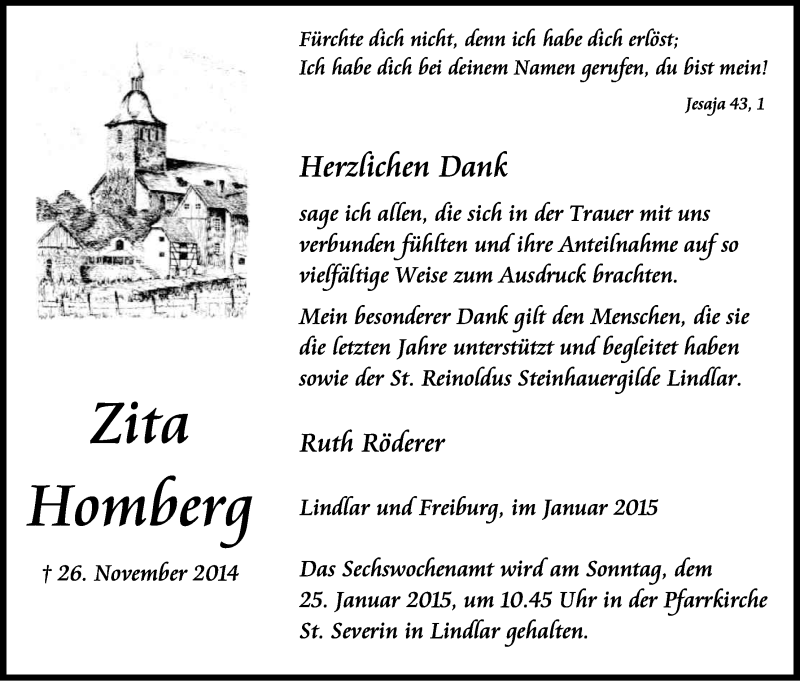 Traueranzeige für Zita Homberg vom 17.01.2015 aus Kölner Stadt-Anzeiger / Kölnische Rundschau / Express