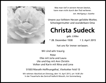 Anzeige von Christa Sudeck von Kölner Stadt-Anzeiger / Kölnische Rundschau / Express