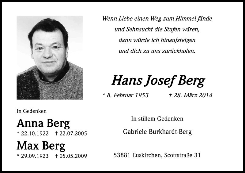 Traueranzeige für Hans Josef Berg vom 28.03.2015 aus Kölner Stadt-Anzeiger / Kölnische Rundschau / Express