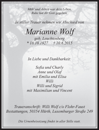 Anzeige von Marianne Wolf von  Wochenende 