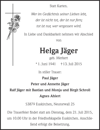 Anzeige von Helga Jäger von  Blickpunkt Euskirchen 