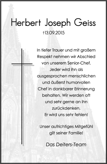 Anzeige von Herbert Joseph Geiss von Kölner Stadt-Anzeiger / Kölnische Rundschau / Express
