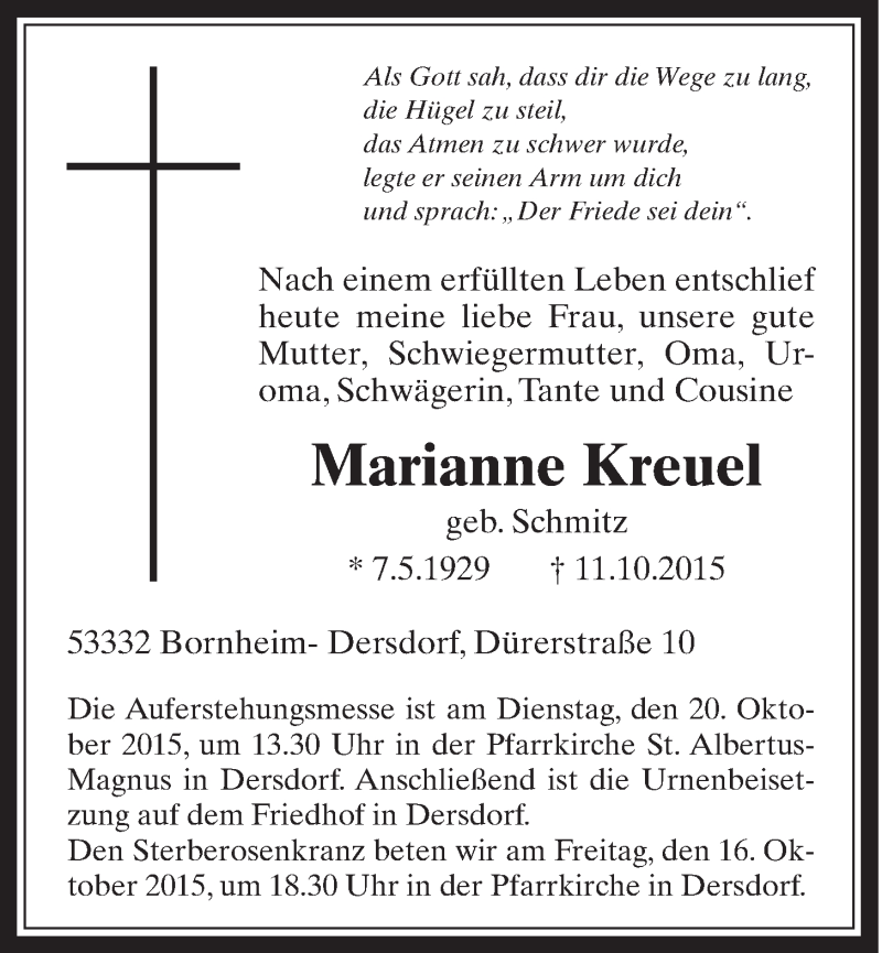  Traueranzeige für Marianne Kreuel vom 14.10.2015 aus  Schaufenster/Blickpunkt 