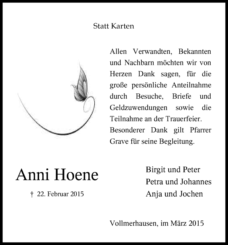  Traueranzeige für Anni Hoene vom 21.03.2015 aus Kölner Stadt-Anzeiger / Kölnische Rundschau / Express