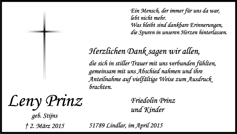  Traueranzeige für Leny Prinz vom 18.04.2015 aus Kölner Stadt-Anzeiger / Kölnische Rundschau / Express