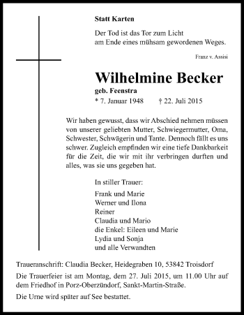 Anzeige von Wilhelmine Becker von Kölner Stadt-Anzeiger / Kölnische Rundschau / Express