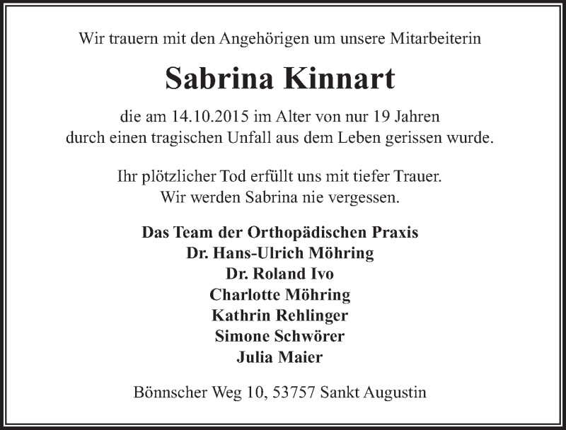  Traueranzeige für Sabrina Kinnart vom 07.11.2015 aus  Rhein-Sieg-Wochenende 