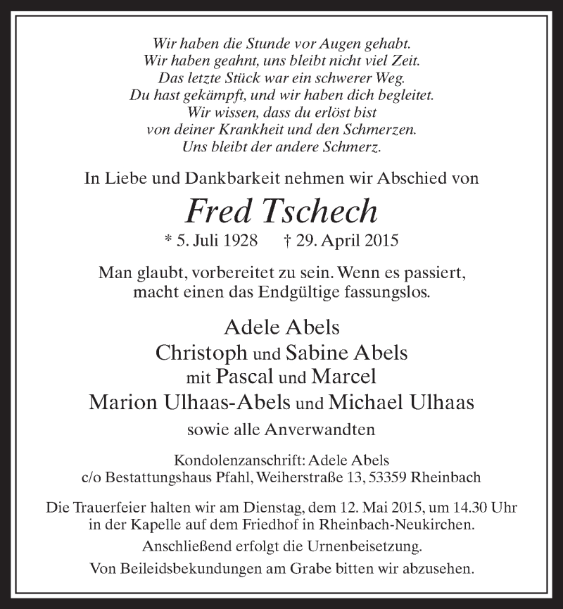  Traueranzeige für Fred Tschech vom 06.05.2015 aus  Schaufenster/Blickpunkt 