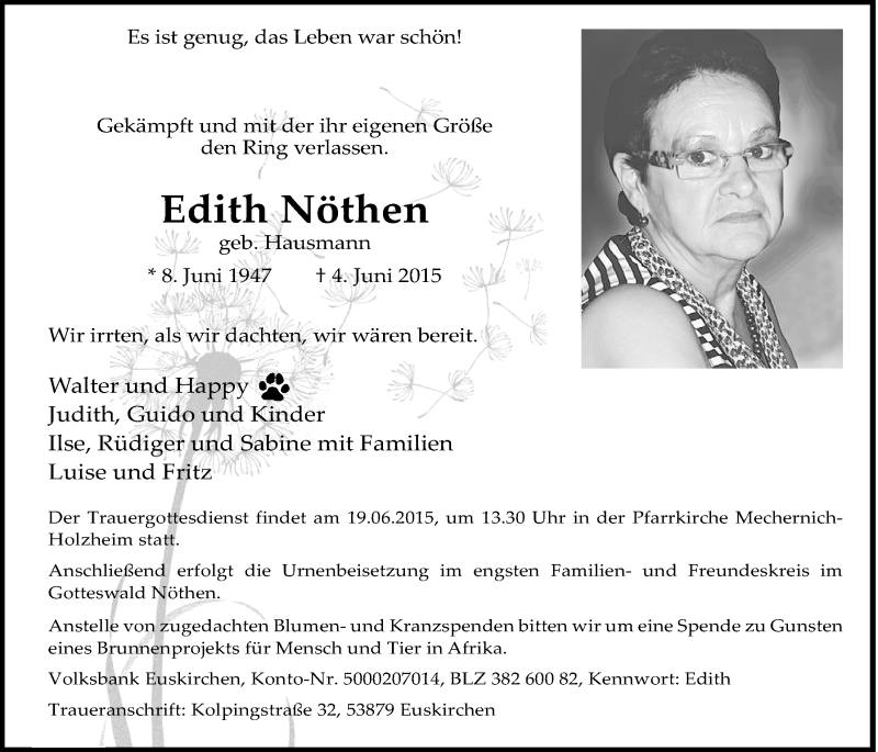  Traueranzeige für Edith Nöthen vom 14.06.2015 aus  Blickpunkt Euskirchen 