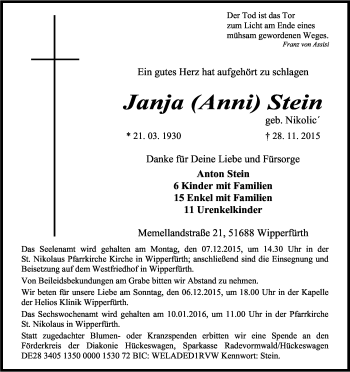 Anzeige von Janja Stein von Kölner Stadt-Anzeiger / Kölnische Rundschau / Express