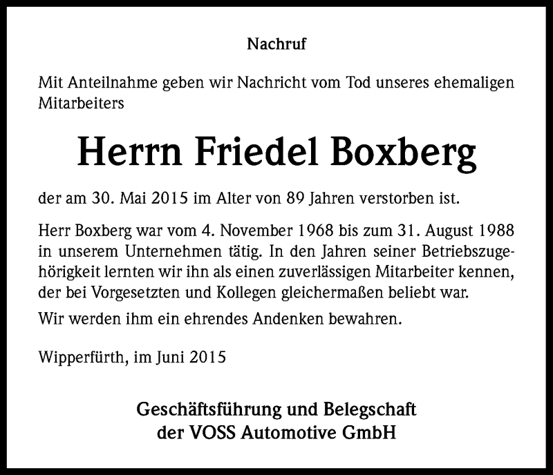  Traueranzeige für Friedel Boxberg vom 03.06.2015 aus Kölner Stadt-Anzeiger / Kölnische Rundschau / Express