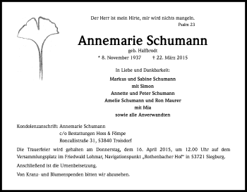 Anzeige von Annemarie Schumann von Kölner Stadt-Anzeiger / Kölnische Rundschau / Express