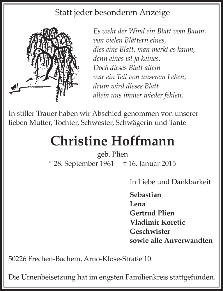  Traueranzeige für Christine Hoffmann vom 24.01.2015 aus  Sonntags-Post 