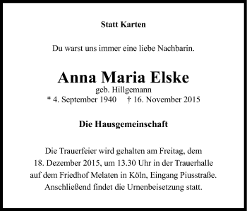Anzeige von Anna Maria Elske von Kölner Stadt-Anzeiger / Kölnische Rundschau / Express