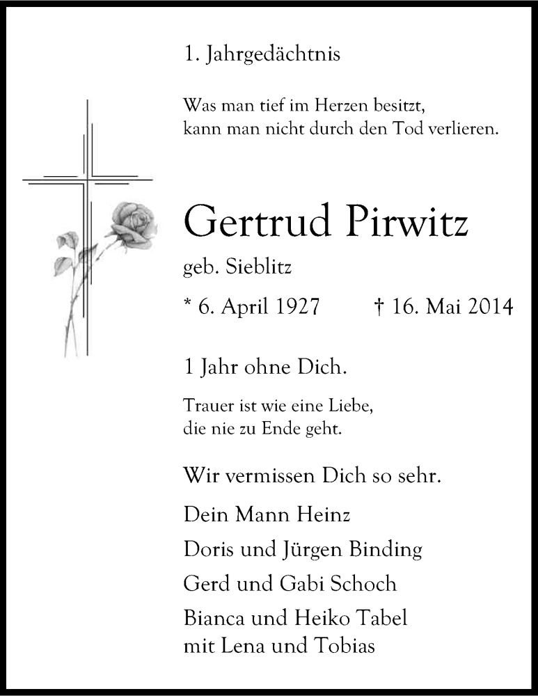  Traueranzeige für Gertrud Pirwitz vom 16.05.2015 aus Kölner Stadt-Anzeiger / Kölnische Rundschau / Express