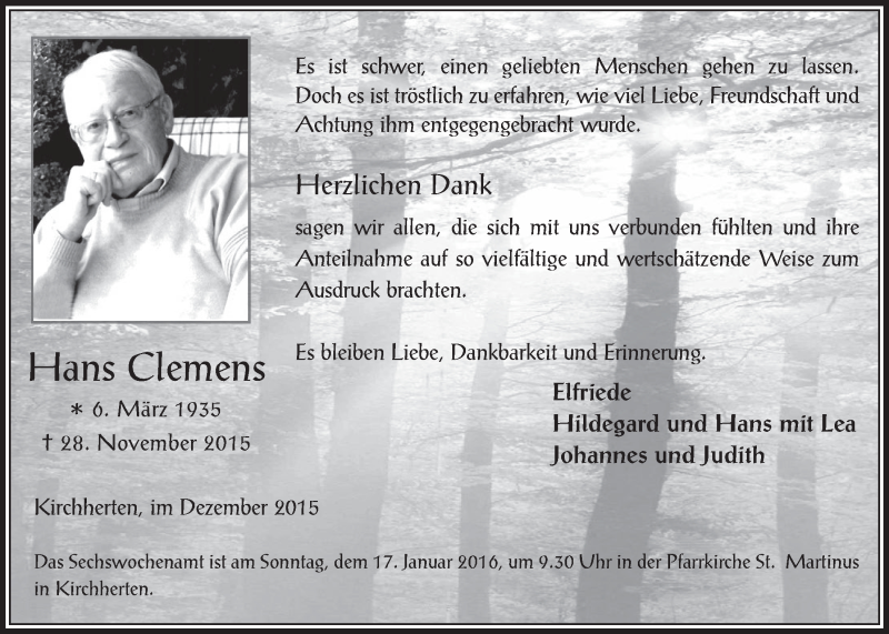  Traueranzeige für Hans Clemens vom 30.12.2015 aus  Werbepost 